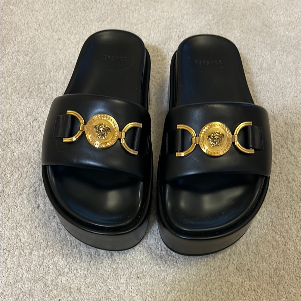 Versace Black and Gold Slide Sandals